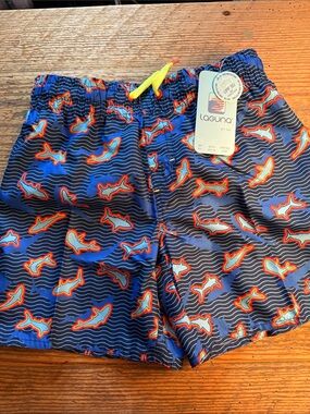 Laguna Kids' Navy Shark-Print Swim Shorts with Yellow Drawstring